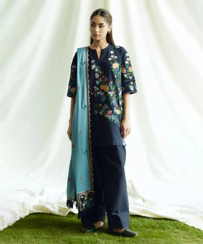 CS 3PC Dhanak Embroidered Shirt With Digital Printed Shawl-281